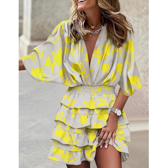 Boho Floral Print Batwing Sleeve Ruffle Tiered Mini Dress - Picture 4 of 7